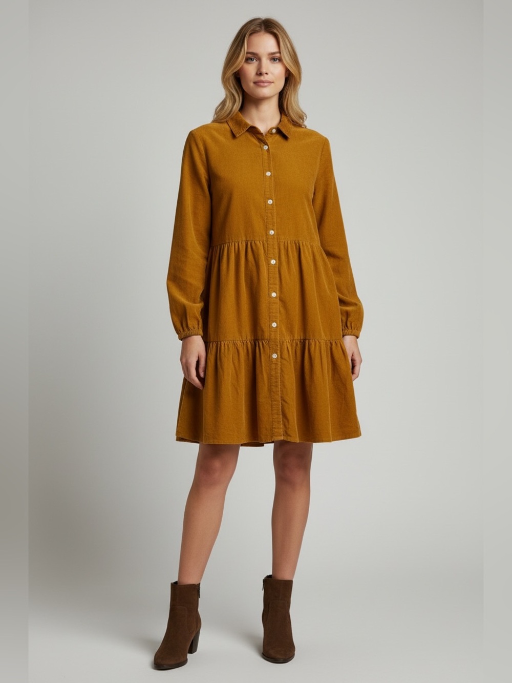 Corduroy Button-Front Tiered Dress in Mustard Golden Yellow by J. Crew